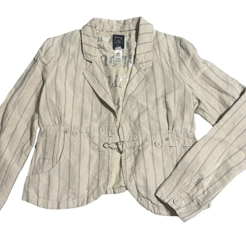 Vintage Women's Diesel Flight Bright Cream Stripe‎ Short Blazer Jacket Sz Small